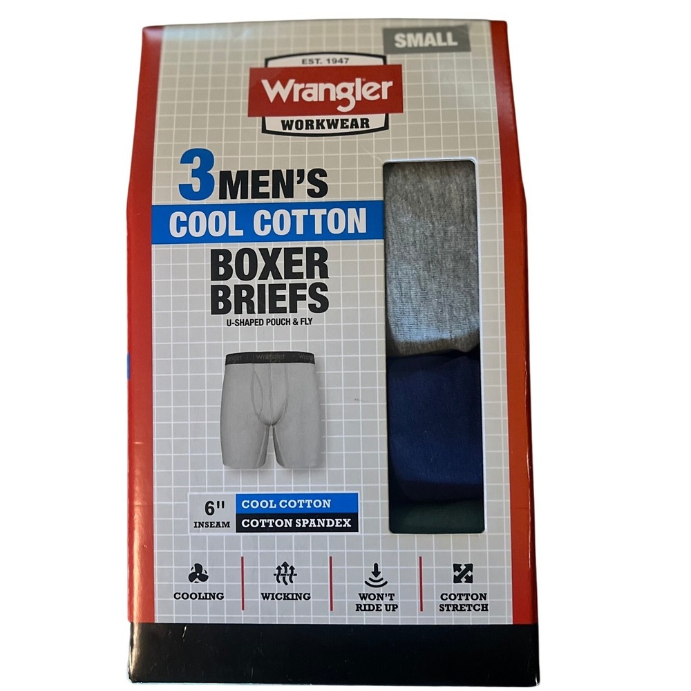 Wrangler Cool Cotton Boxer Briefs 3-Pack U-Shaped Pouch‎ Cooling Small